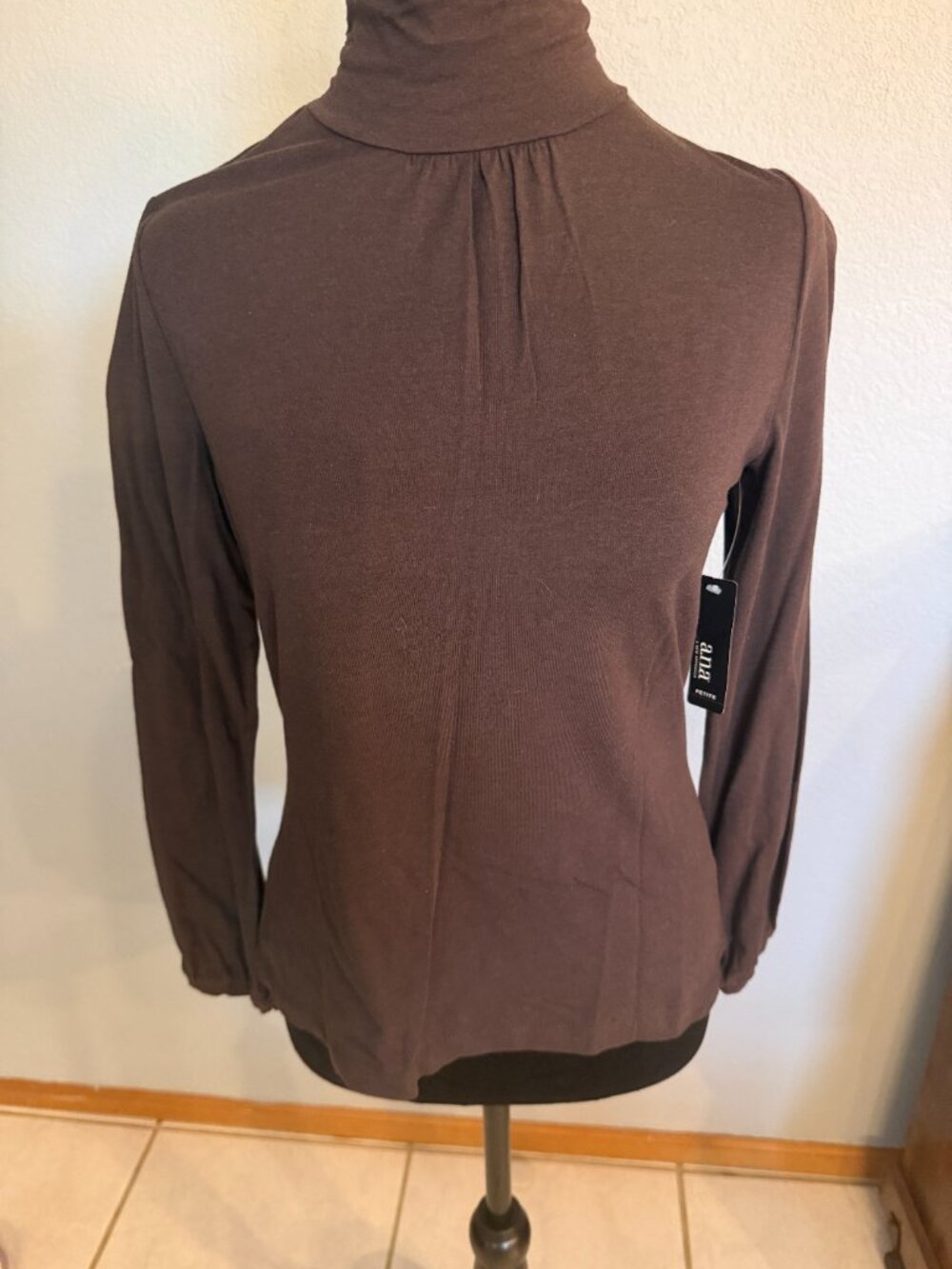 a.n.a Petite Brown Long Sleeve Cowl Neck Stretch Top PS NWT